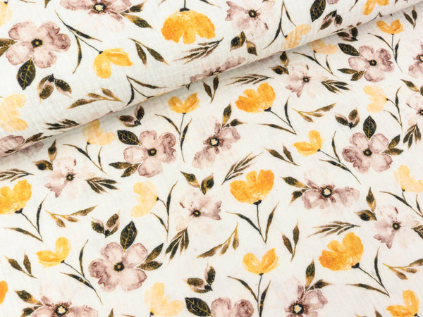 Baumwoll Double Gauze Thea Blumen braun-senfgelb auf Ecru