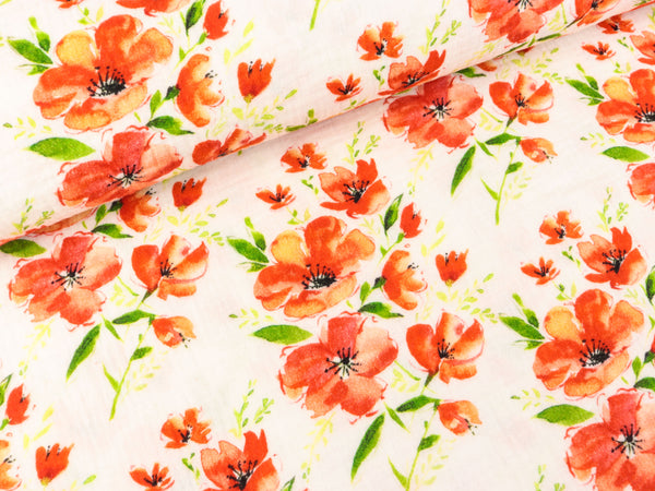 Baumwoll Double Gauze Thea Blumen korallrot auf Weiß