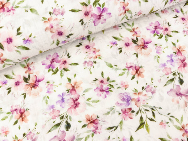 Baumwoll Double Gauze Thea Blumen und Blätter flieder-bunt auf Weiß