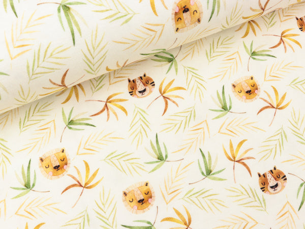 Bio Baumwolljersey Löwen und Tiger auf Wollweiß