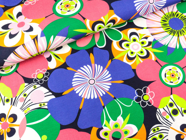 Viskosejersey Große Retroblumen grün-lila-weiß-bunt