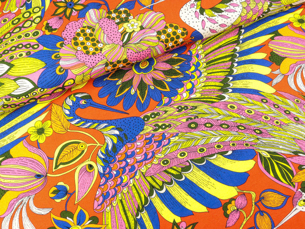 Viskosejersey Große Paradiesvögel und Blumen bunt auf Orangerot