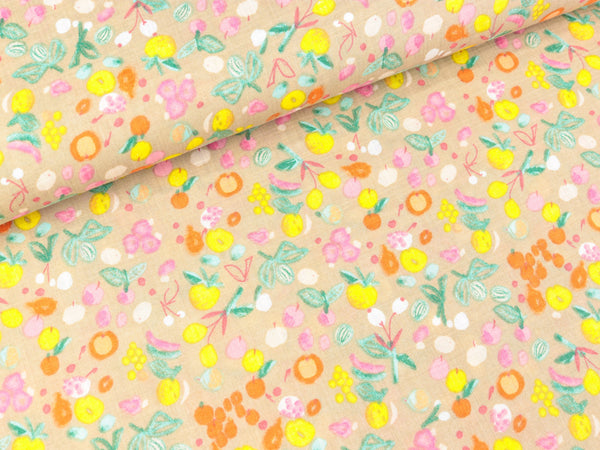 Baumwoll-Viskose Print Sommerzeit bunt auf Hellbeige