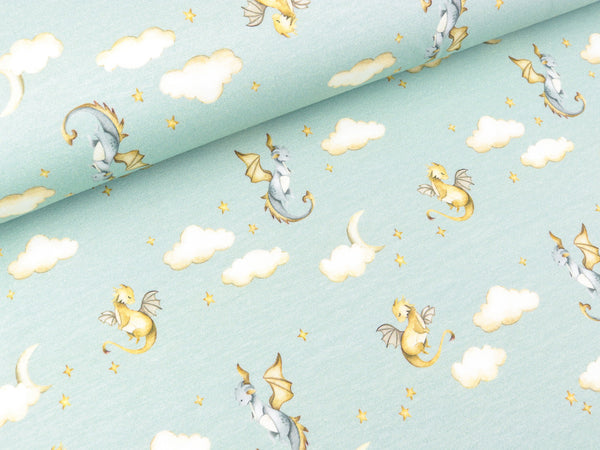 Bio Baumwolljersey Drachen in den Wolken auf Dusty blue