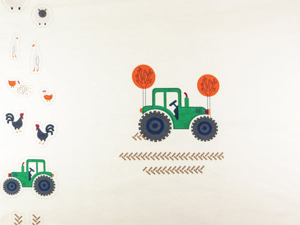 Baumwolljersey Traktor bunt auf Natur Panel 62cm