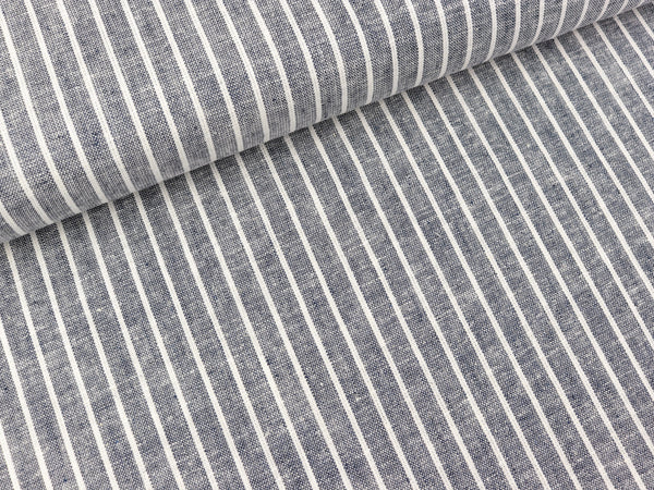 Leinen-Baumwollstoff Streifen weiß-dunkles jeansblau meliert