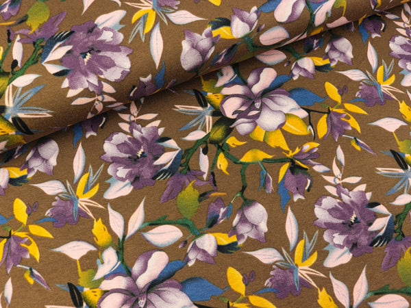 Viskosejersey Flowers gelb-bunt auf Oliv