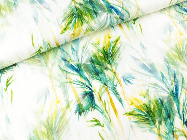 Viskose Webware Amalia Palmen bunt auf Weiß im Watercolor-Style