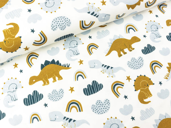 Baumwolljersey Nora Dinowelt bunt auf Naturweiß