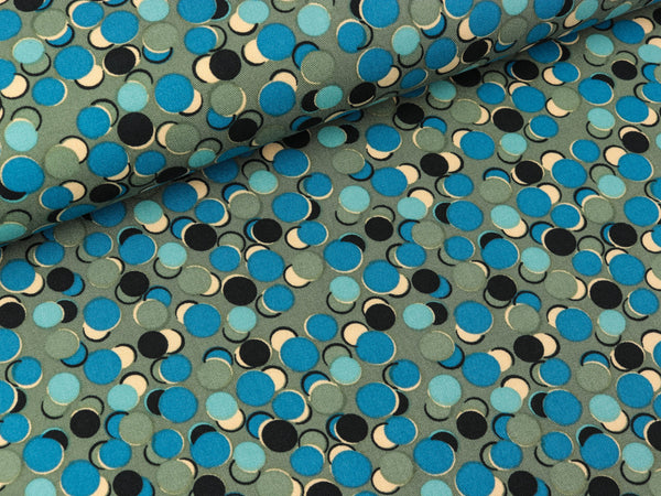 Viskose Twill Print Mix Dots petrol-schwarz-bunt auf Oliv