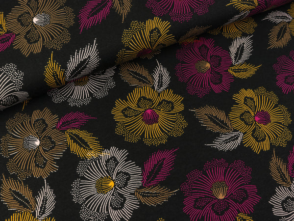 Viskosejersey Flowers fuchsia-messing-weiß auf Schwarz