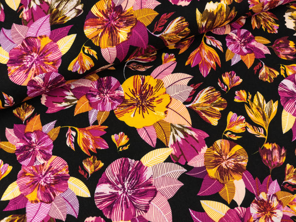 Viskose Twill Print Leaves bunt auf Schwarz