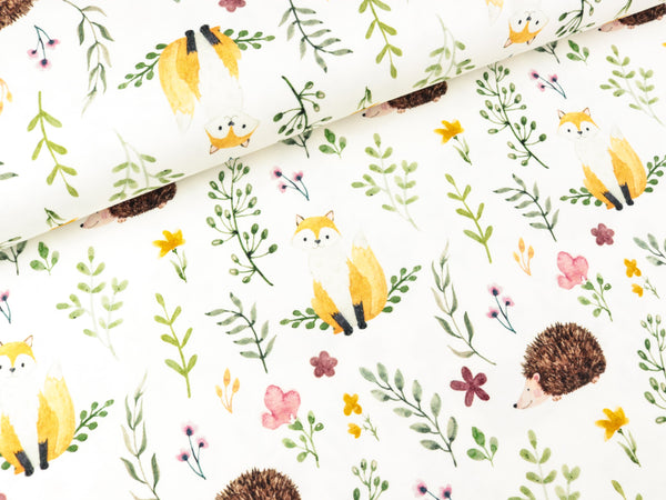 Baumwolljersey Nora Fuchs und Igel auf Creme