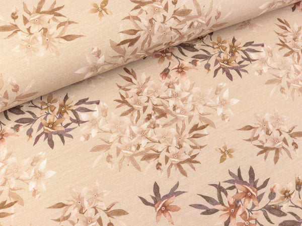 Bio Baumwolljersey Blumen beige-braun auf Sandbraun