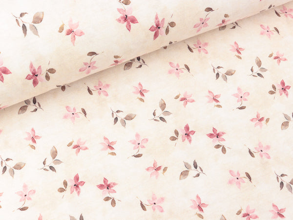 Bio Baumwolljersey Blumen rosa-braun auf Zartrosa