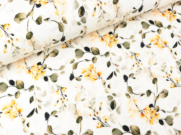 Bio Baumwolljersey Blumen apricot-dunkelbraun auf Creme