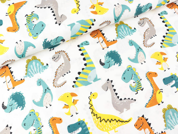 Baumwoll Webware Kim Dinosaurier bunt auf Weiß