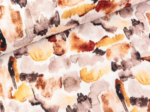 Baumwoll Double Gauze Thea Kleckse braun-ocker-hellbraun-bunt auf Weiß