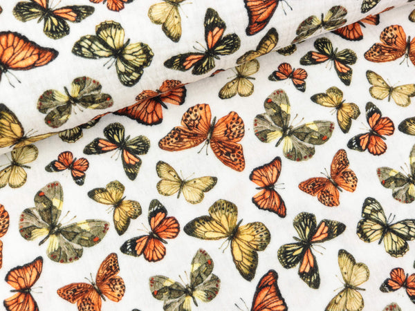 Baumwoll Double Gauze Thea Schmetterlinge bunt auf Weiß
