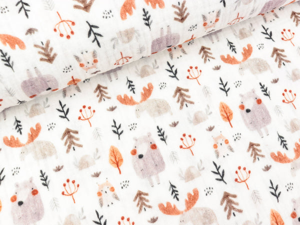 Baumwoll Double Gauze Thea Waldtiere bunt auf Weiß