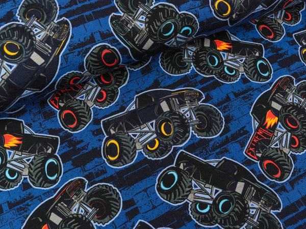 French Terry Petra Monstertrucks bunt auf Blau