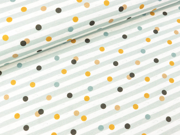 Baumwolljersey Aron Bunte Punkte auf staubblau-weiß gestreift