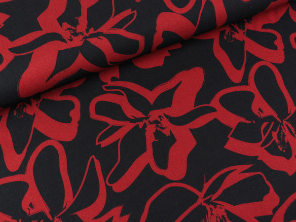 Viskose Webware Amalia Großes Blumenmuster rostrot-schwarz