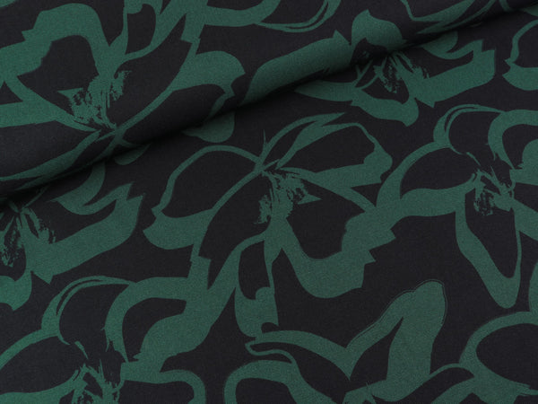 Viskose Webware Amalia Großes Blumenmuster dunkelgrün-schwarz