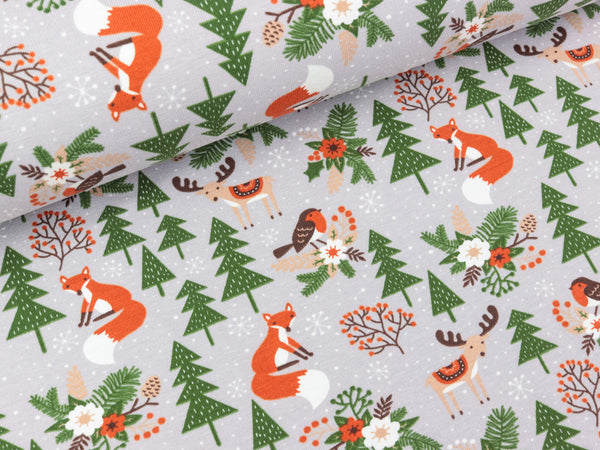 Baumwolljersey Tiere im Winterwald auf Hellgrau