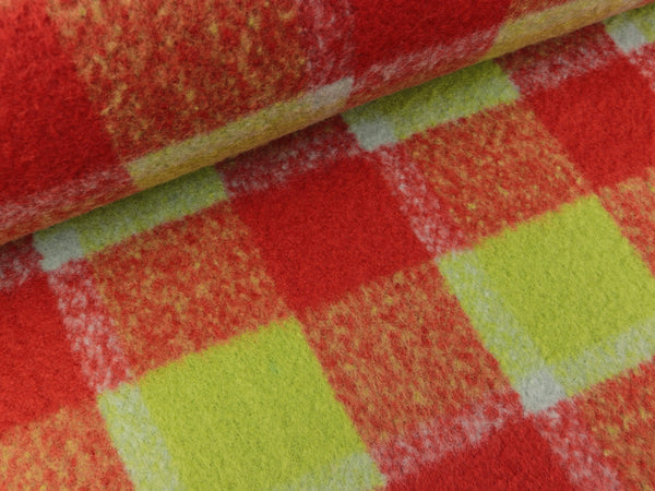 Mantel- und Jackenstoff gebürstet Karos rot-hellgrün-wasserblau