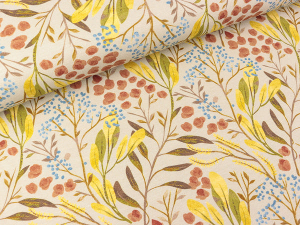 Baumwolljersey Vogelbeeren und Zweige bunt auf Beige