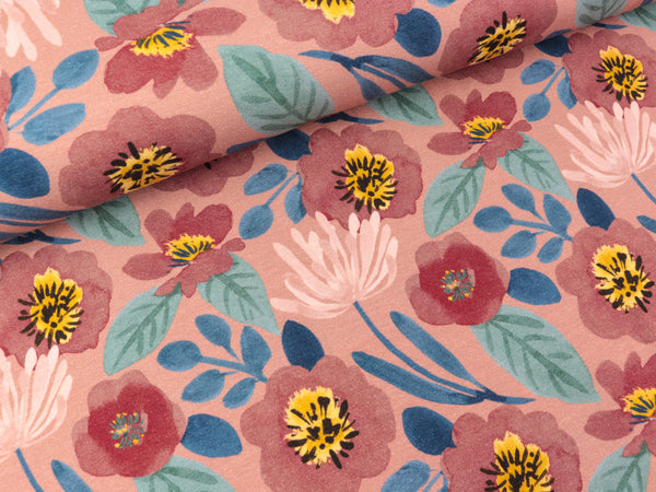 Baumwolljersey Herbstblumen bunt auf Altrosa
