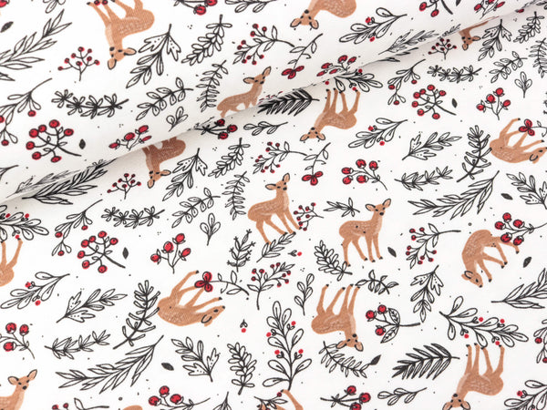 Baumwolljersey Winter Print Rehe im Wald auf Weiß