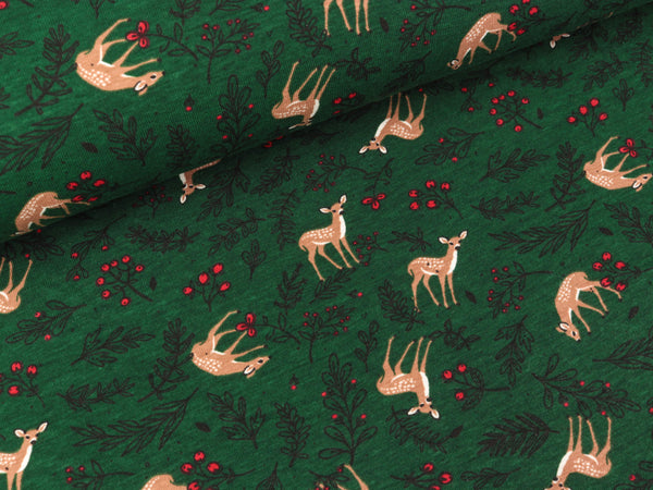 Baumwolljersey Winter Print Rehe im Wald auf Dunkelgrün