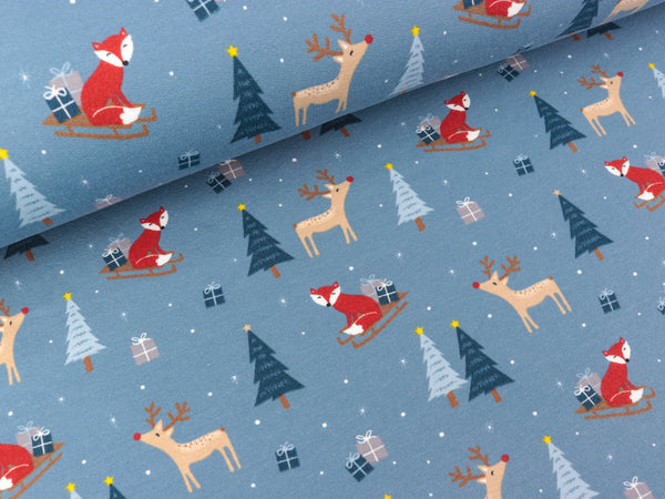 Baumwollsweat XMAS Tiere im Winterwald auf Rauchblau