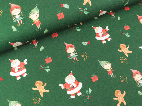 Baumwolljersey XMAS Weihnachtsmann und Wichtel bunt auf Dunkelgrün