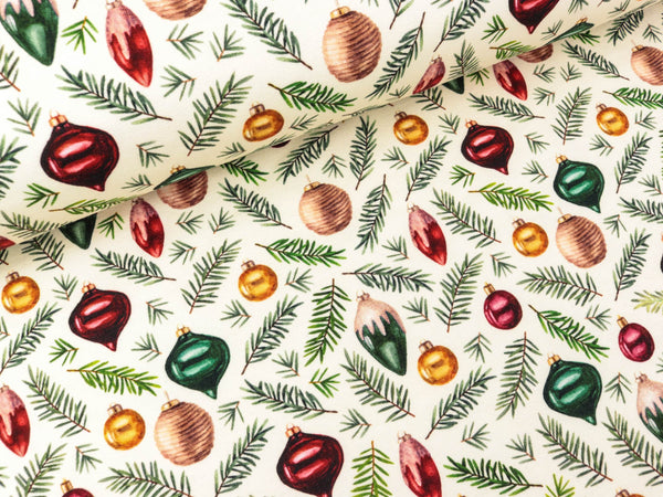 Baumwollsweat XMAS Weihnachtskugeln und Tannenzweige auf Wollweiß