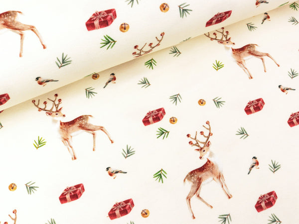 Baumwollsweat XMAS Hirsche auf Wollweiß