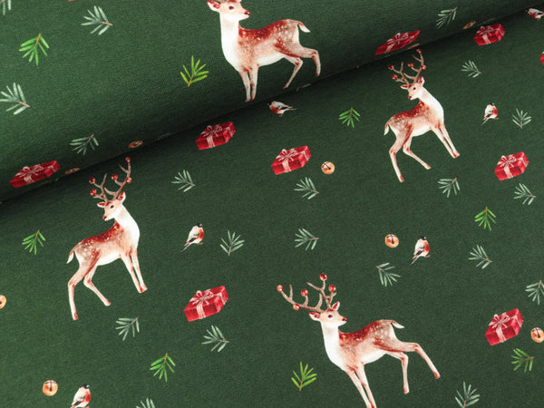 Baumwollsweat XMAS Hirsche auf Dunkelgrün