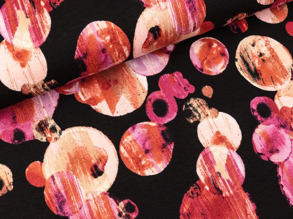Viskosejersey Planets fuchsia-bunt auf Schwarz