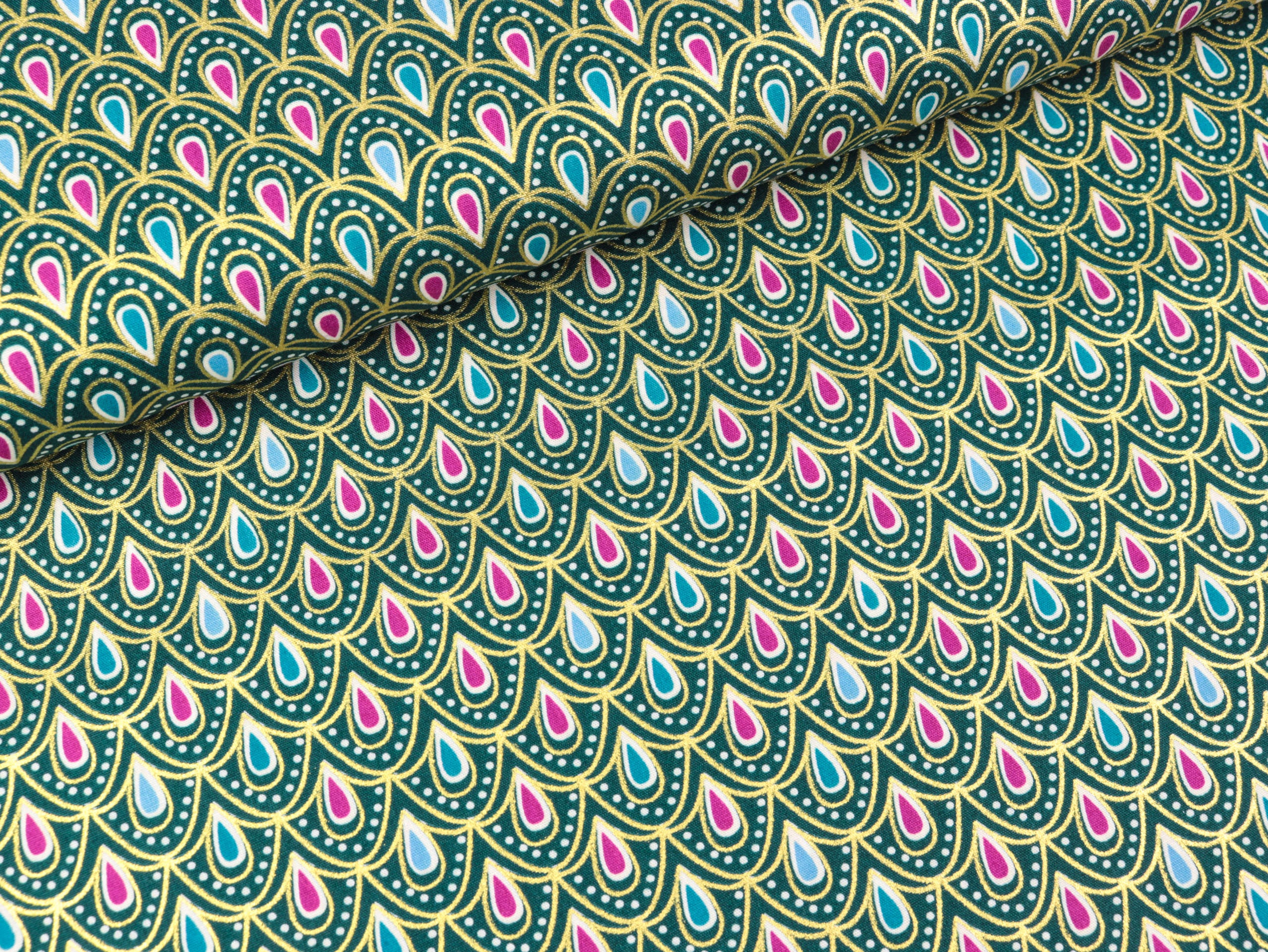 Baumwoll Popeline Tropfen bunt auf Petrol mit goldenem Foliendruck