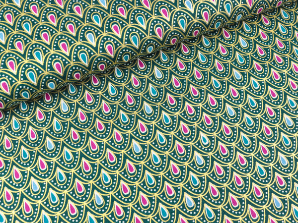 Baumwoll Popeline Tropfen bunt auf Petrol mit goldenem Foliendruck