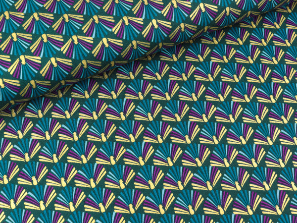 Baumwoll Popeline Fächer bunt auf Petrol mit goldenem Foliendruck