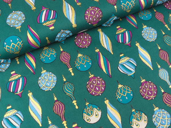 Baumwoll Popeline Weihnachtskugeln bunt auf Petrol mit goldenem Foliendruck