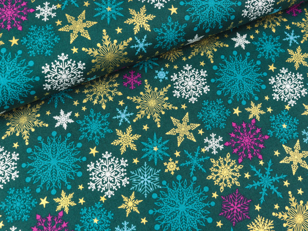 Baumwoll Popeline Schneeflocken bunt auf Petrol mit goldenem Foliendruck