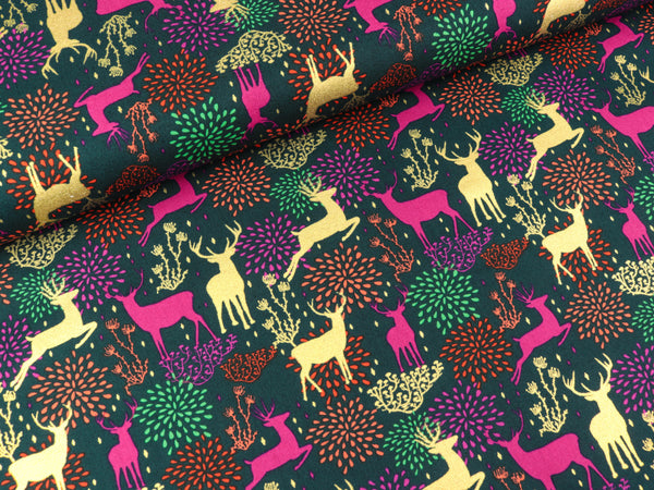 Baumwoll Popeline Hirsche bunt auf dunklem Petrol mit goldenem Foliendruck