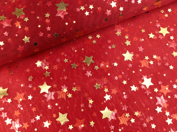 Organza Jussi weihnachtsrot mit goldenen Foliensternen