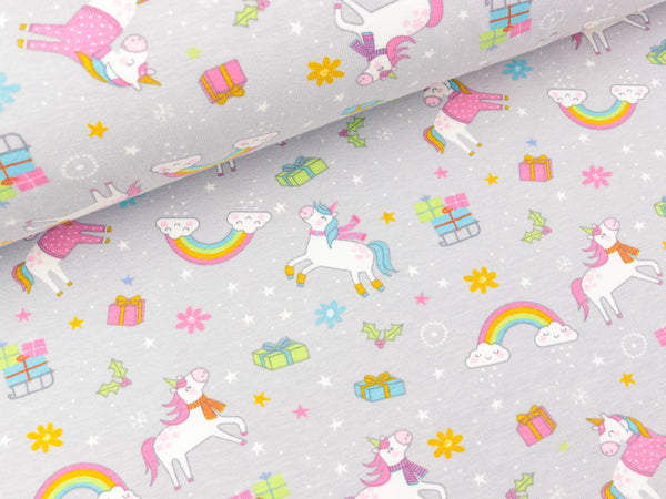 Baumwolljersey Weihnachten bei Familie Einhorn hellgrau