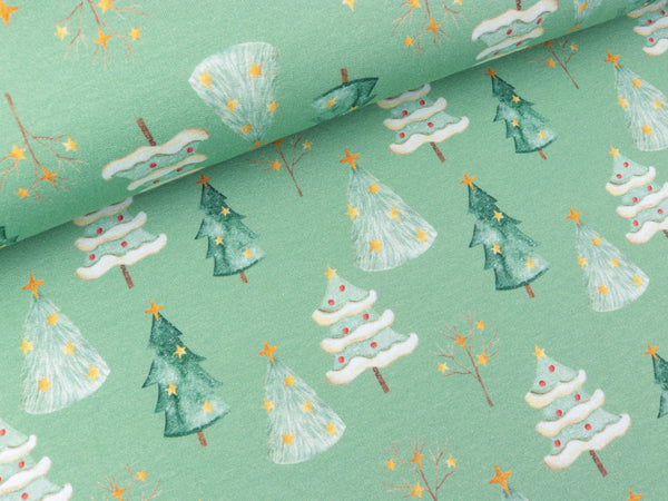 Baumwollsweat XMAS Verschneite Weihnachtsbäume auf Dusty mint