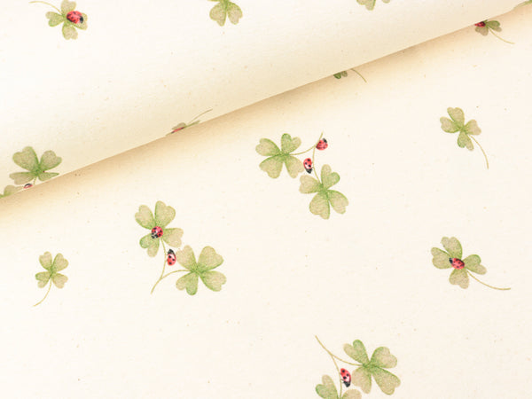 Baumwolljersey Naturel Kleeblätter und Marienkäfer auf Natur